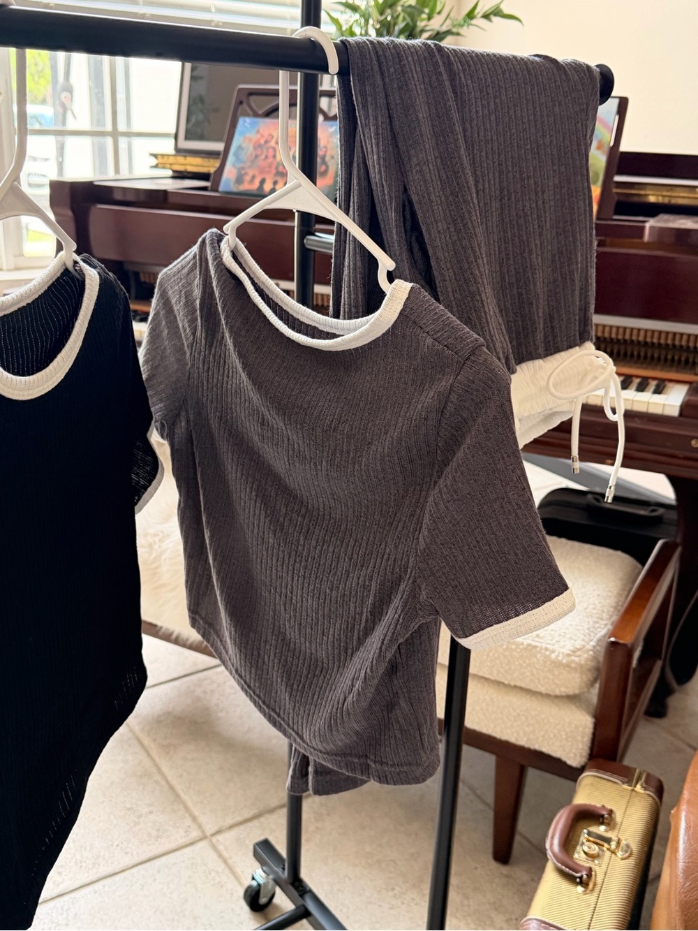 Ribbed Two-Piece Set in Charcoal with Cream Trim
